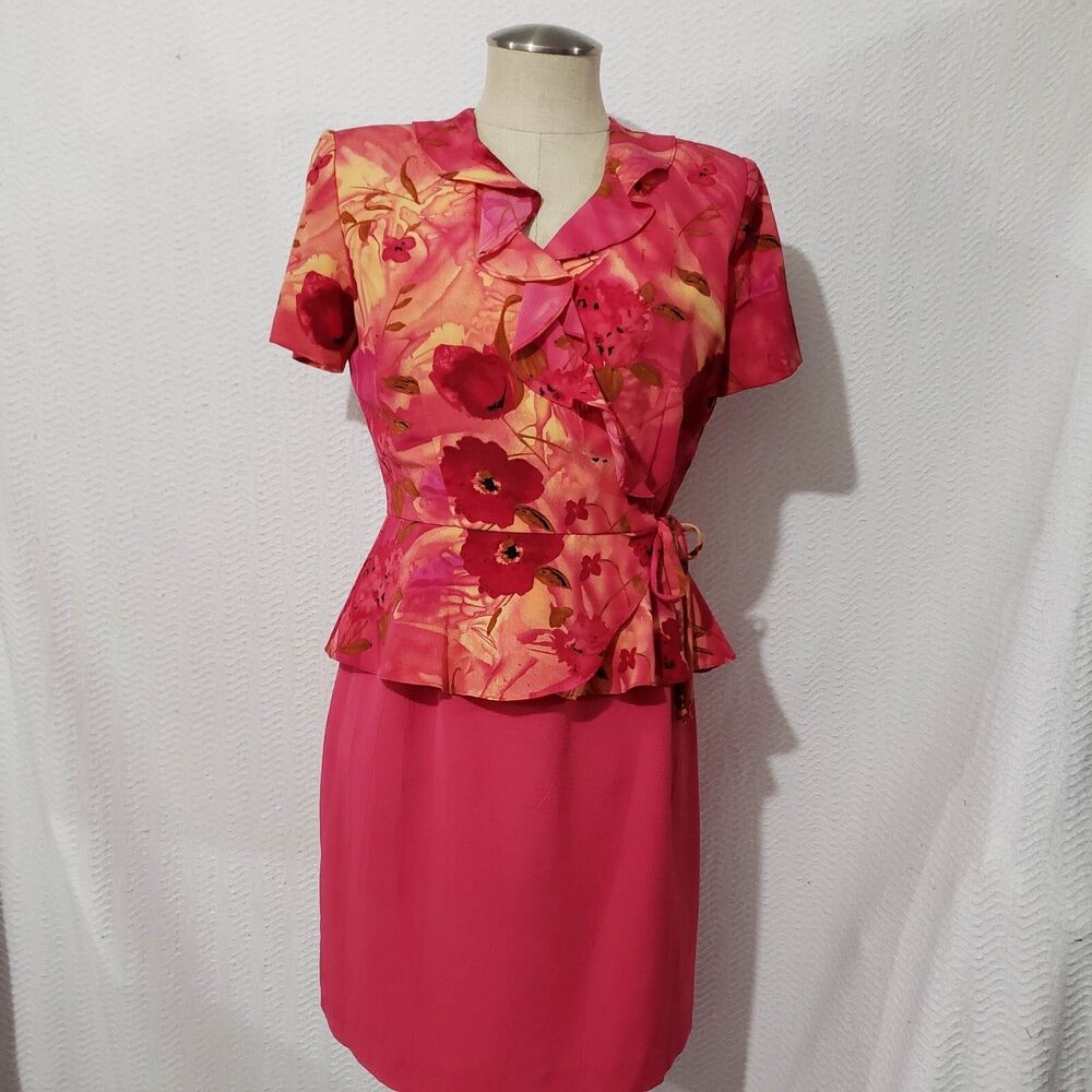John Roberts Ruffled Style Jacket Dress Pink Yellow Floral  Vtg 6P